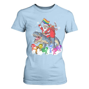 Funny Christmas LGBT T Shirt For Women Rainbow Flag Santa Riding Dinosaur TS09 Light Blue Print Your Wear