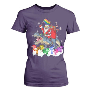 Funny Christmas LGBT T Shirt For Women Rainbow Flag Santa Riding Dinosaur TS09 Purple Print Your Wear