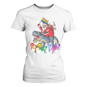 Funny Christmas LGBT T Shirt For Women Rainbow Flag Santa Riding Dinosaur TS09 White Print Your Wear