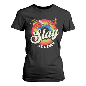 Funny Christmas LGBT T Shirt For Women Slay All Day Sleigh Rainbow TS09 Black Print Your Wear
