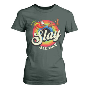 Funny Christmas LGBT T Shirt For Women Slay All Day Sleigh Rainbow TS09 Dark Forest Green Print Your Wear