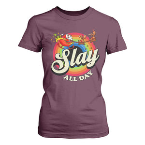 Funny Christmas LGBT T Shirt For Women Slay All Day Sleigh Rainbow TS09 Maroon Print Your Wear