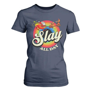 Funny Christmas LGBT T Shirt For Women Slay All Day Sleigh Rainbow TS09 Navy Print Your Wear
