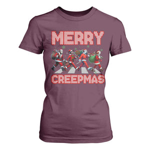 Horror Christmas T Shirt For Women Merry Creepmas Horror Characters TS09 Maroon Print Your Wear