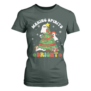 Gothic Xmas T Shirt For Women Making Spirits Bright Cute Ghost Christmas Tree TS09 Dark Forest Green Print Your Wear