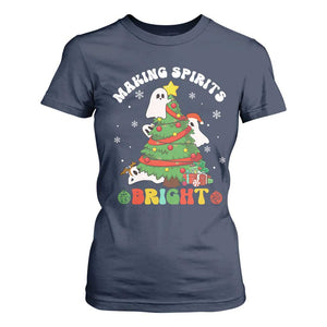 Gothic Xmas T Shirt For Women Making Spirits Bright Cute Ghost Christmas Tree TS09 Navy Print Your Wear
