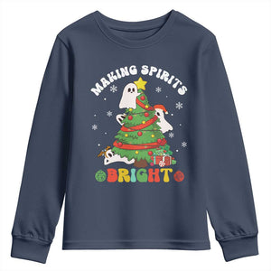 Gothic Xmas Youth Sweatshirt Making Spirits Bright Cute Ghost Christmas Tree TS09 Navy Print Your Wear