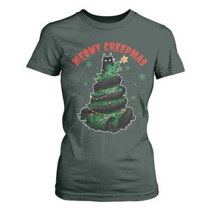 Gothic Xmas T Shirt For Women Meowy Creepmas Cat Christmas Tree TS09 Dark Forest Green Print Your Wear