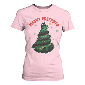Gothic Xmas T Shirt For Women Meowy Creepmas Cat Christmas Tree TS09 Light Pink Print Your Wear