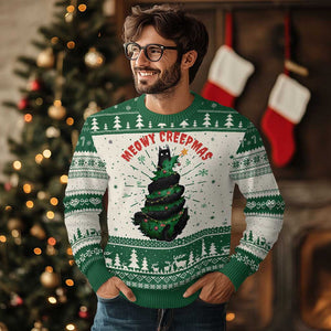 Gothic Xmas Ugly Christmas Sweater Meowy Creepmas Cat Christmas Tree TS09 Green Print Your Wear