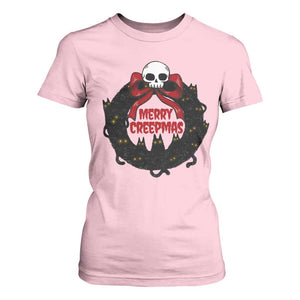 Gothic Christmas T Shirt For Women Merry Creepmas Cat Wreath TS09 Light Pink Print Your Wear