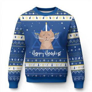 Cute Cat Menorah Hanukkah Ugly Sweater Jewish Kitten Chanukah Hanukkat TS09 Blue White Print Your Wear