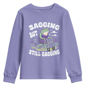 Funny Frog Meme Youth Sweatshirt Sagging But Still Gagging Naughty Adult Humor TS09 Violet Print Your Wear