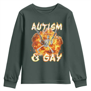 Funny Skeleton Meme Youth Sweatshirt Autistic and Gay TS09 Dark Forest Green Print Your Wear
