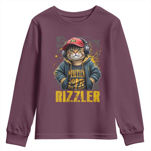 Funny Meme Rizzler Cat Youth Sweatshirt TS09 Maroon Print Your Wear