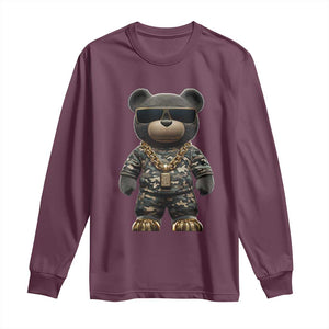 Hip Hop Teddy Bear Long Sleeve Shirt Camouflage Gangsta Streetwear TS09 Maroon Print Your Wear