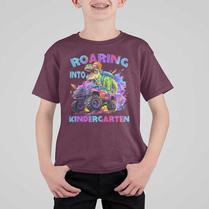 Roaring Into Kindergarten T Shirt For Kid Funny Dinosaur Monster Truck Back To School TS09 Maroon Print Your Wear