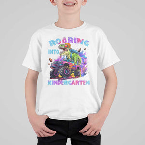 Roaring Into Kindergarten T Shirt For Kid Funny Dinosaur Monster Truck Back To School TS09 White Print Your Wear