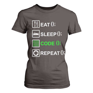 Funny Coder T Shirt For Women Eat Sleep Code Repeat TS09 Dark Chocolate Print Your Wear