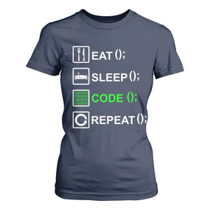 Funny Coder T Shirt For Women Eat Sleep Code Repeat TS09 Navy Print Your Wear