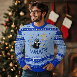 Funny Hanukkat What Black Cat Hanukkah Ugly Sweater TS09 Light Blue Royal Blue Print Your Wear