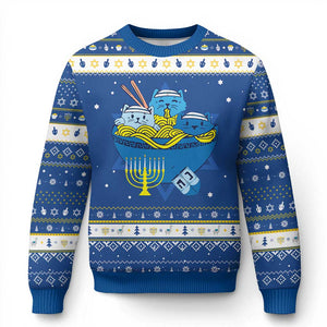 Funny Jewish Cat Hanukkah Ugly Sweater Kawaii Cat Eating Ramen Anime Kitten TS09 Blue White Print Your Wear