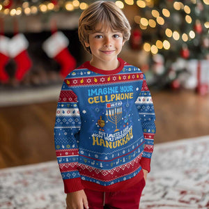 Funny Hanukkah Ugly Sweater Imagine Cellphone Was At 10 Percent TS09 Blue Red Print Your Wear