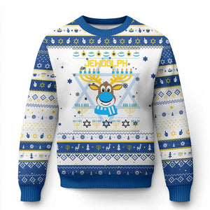 Funny Jewdolph Jewish Reindeer Menorah Hanukkah Ugly Sweater TS09 White Royal Blue Print Your Wear