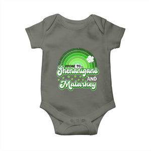 Funny St Patrick's Day Baby Onesie Prone To Shenanigans And Malarkey TS09 Military Green Print Your Wear