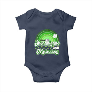Funny St Patrick's Day Baby Onesie Prone To Shenanigans And Malarkey TS09 Navy Print Your Wear