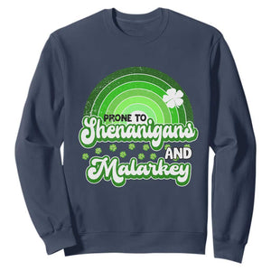 Funny St Patrick's Day Sweatshirt Prone To Shenanigans And Malarkey TS09 Navy Print Your Wear