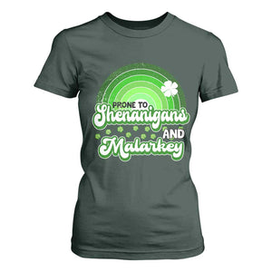 Funny St Patrick's Day T Shirt For Women Prone To Shenanigans And Malarkey TS09 Dark Forest Green Print Your Wear