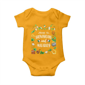 St Patrick's Day Baby Onesie Funny Prone To Shenanigans And Malarkey TS09 Gold Print Your Wear