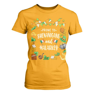 St Patrick's Day T Shirt For Women Funny Prone To Shenanigans And Malarkey TS09 Gold Print Your Wear