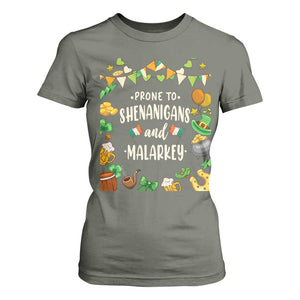 St Patrick's Day T Shirt For Women Funny Prone To Shenanigans And Malarkey TS09 Military Green Print Your Wear