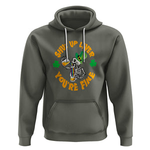 St. Patrick's Day Hoodie Beer Drinking Skeleton Shut Up Liver You're Fine TS09 Military Green Printyourwear