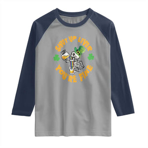 St Patrick's Day Raglan Shirt Beer Drinking Skeleton Shut Up Liver You're Fine TS09 Sport Gray Navy Print Your Wear
