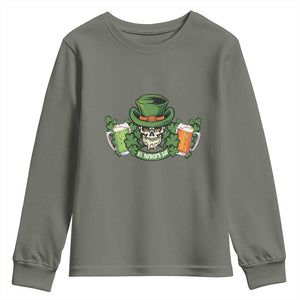 St Patrick's Day Youth Sweatshirt Irish Beer Funny Skeleton Drinking TS09 Military Green Print Your Wear