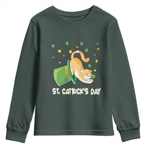 St Patrick's Day Youth Sweatshirt Happy St.Catrick's Lucky Cat Shamrock Hat TS09 Dark Forest Green Print Your Wear