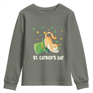 St Patrick's Day Youth Sweatshirt Happy St.Catrick's Lucky Cat Shamrock Hat TS09 Military Green Print Your Wear