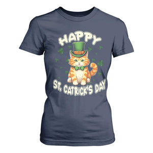 St Patrick's Day T Shirt For Women Happy St.Catrick's Lucky Cat Shamrock Cute Kitty TS09 Navy Print Your Wear