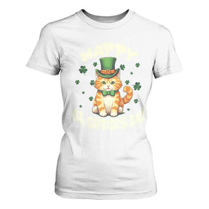 St Patrick's Day T Shirt For Women Happy St.Catrick's Lucky Cat Shamrock Cute Kitty TS09 White Print Your Wear