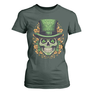 St Patrick's Day T Shirt For Women Irish Sugar Skull Lucky Hat Shamrocks TS09 Dark Forest Green Print Your Wear