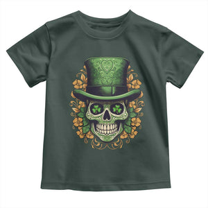 St Patrick's Day Toddler T Shirt Irish Sugar Skull Lucky Hat Shamrocks TS09 Dark Forest Green Print Your Wear