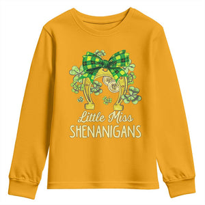 St Patrick's Day Youth Sweatshirt Little Miss Shenanigans Coquette Shamrocks TS09 Gold Print Your Wear