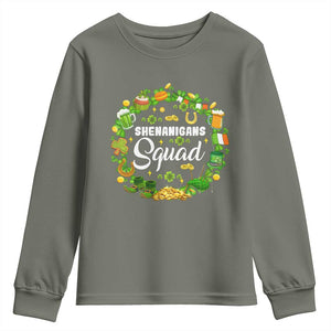 Funny St Patrick's Day Youth Sweatshirt Shenanigans Squad Matching Group TS09 Military Green Print Your Wear