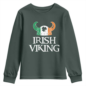 St Patrick's Day Youth Sweatshirt Irish Viking Helmet Lucky Shamrocks Ireland Flag TS09 Dark Forest Green Print Your Wear