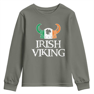 St Patrick's Day Youth Sweatshirt Irish Viking Helmet Lucky Shamrocks Ireland Flag TS09 Military Green Print Your Wear