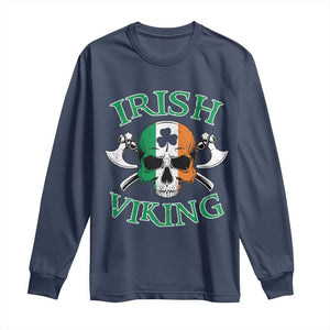 St Patrick's Day Long Sleeve Shirt Irish Viking Skull Lucky Shamrocks Ireland Flag TS09 Navy Print Your Wear