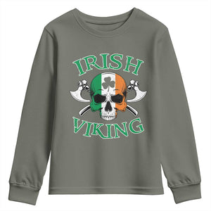 St Patrick's Day Youth Sweatshirt Irish Viking Skull Lucky Shamrocks Ireland Flag TS09 Military Green Print Your Wear